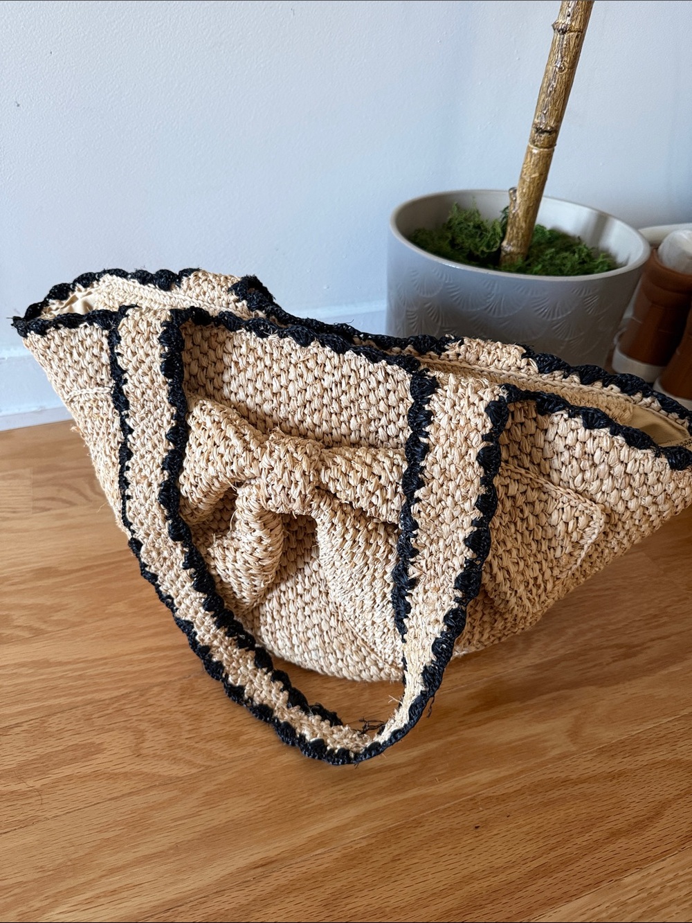 Woven Straw Tote with Black Trim